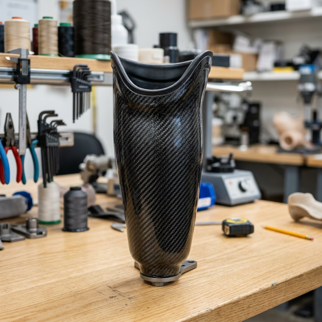 Nahaufnahme eines maßgefertigten Prothesenschafts aus Carbonfaser, gefertigt in der hochmodernen Orthopädietechnik-Werkstatt von Mayer Bandagist.