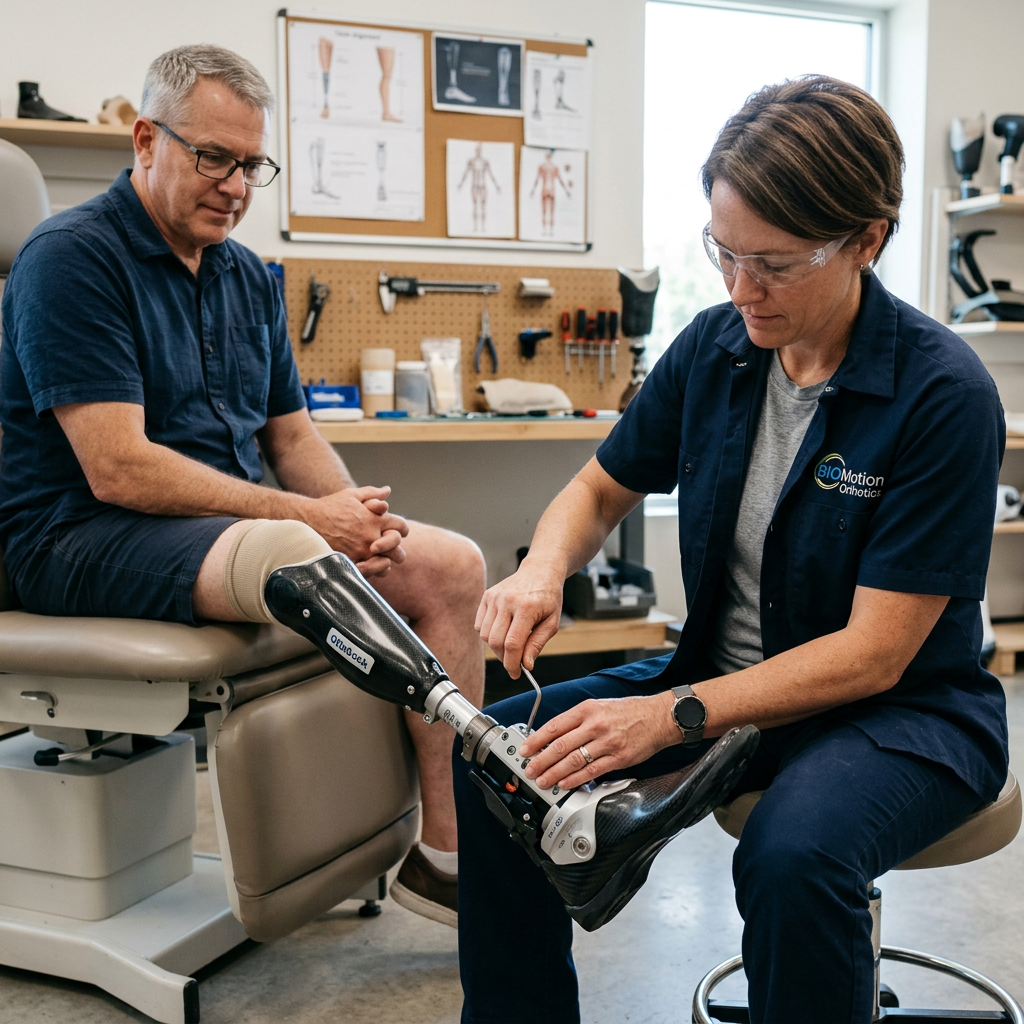 Orthopädietechniker von Mayer Bandagist bei der manuellen Feinjustierung einer modernen Beinprothese an einem Patienten in der Fachwerkstatt.